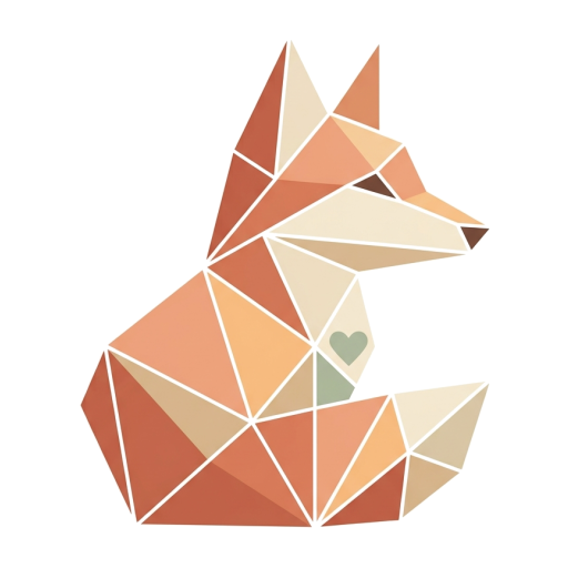 Renard géométrique aux teintes terracotta et crème, avec un petit cœur vert sur le poitrail